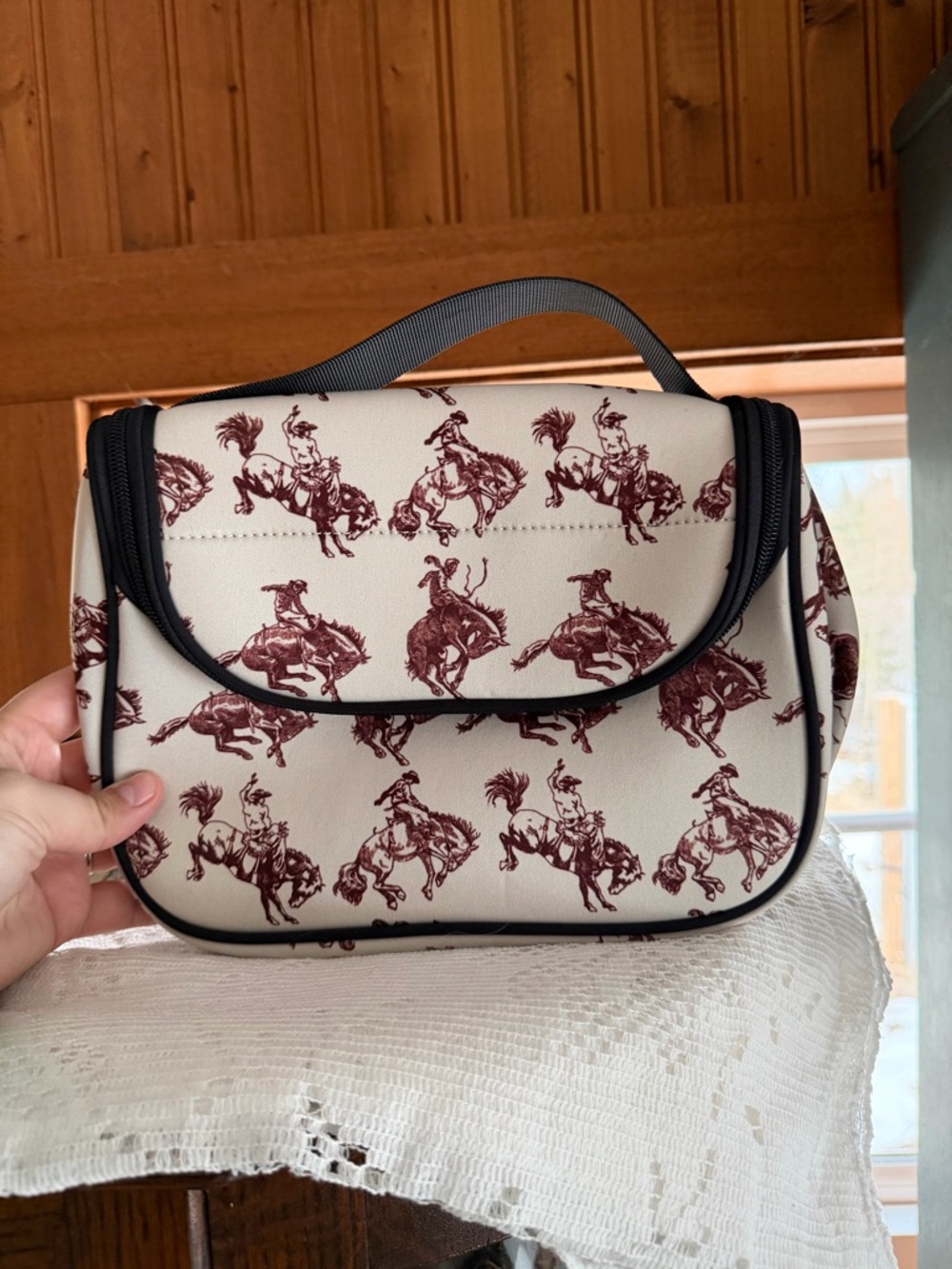Cowboy Print Cosmetic Bag — Cream with Maroon Rodeo Motif